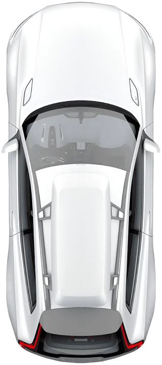 Top-down view of a white sports car with a glass roof, aerodynamic body, and sleek black detailing on the sides and rear lights.