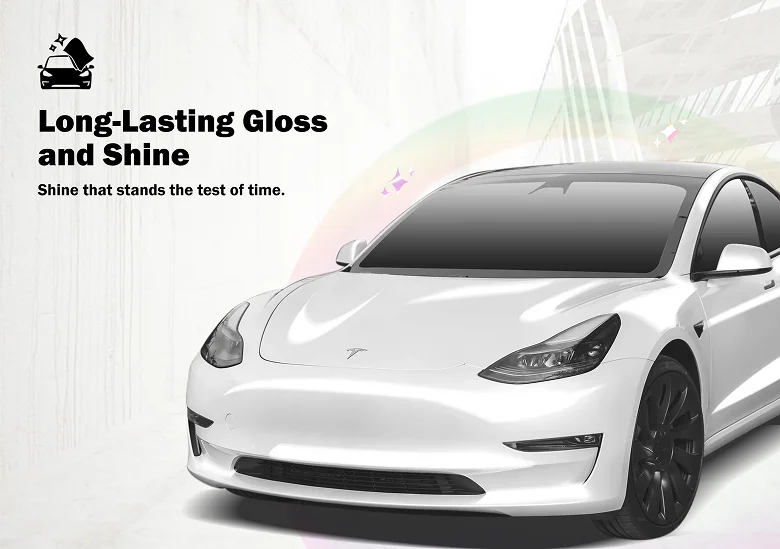Glossy white Tesla Model 3 with black wheels parked in front of a modern architectural background, highlighting the vehicle’s long-lasting shine under the text "Long-Lasting Gloss and Shine" and "Shine that stands the test of time".