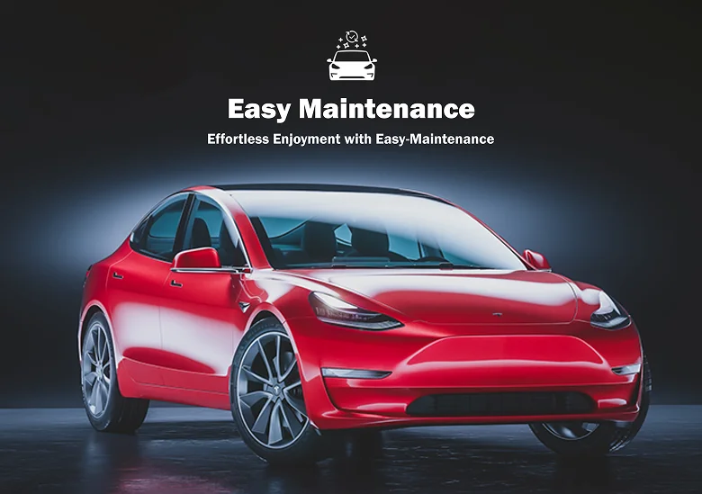 Bright red Tesla Model 3 in a studio setting with glowing reflections, positioned under text that reads "Easy Maintenance" and "Effortless Enjoyment with Easy-Maintenance".