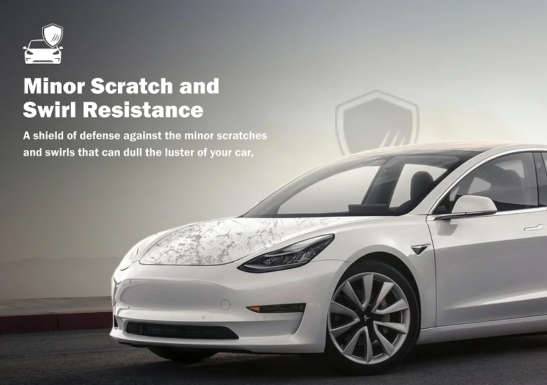 White Tesla Model 3 parked under a cloudy sky with text overlay reading “Minor Scratch and Swirl Resistance” and “A shield of defense against the minor scratches and swirls that can dull the luster of your car.”