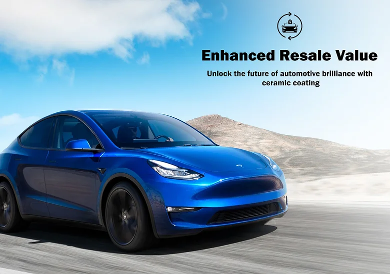 Glossy blue Tesla Model Y driving through a desert highway with overlay text that reads “Enhanced Resale Value” and “Unlock the future of automotive brilliance with ceramic coating.”