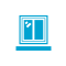 Blue icon of a sliding glass window with a reflection mark on one pane, enclosed in a white circular background.