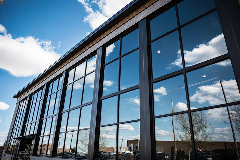 Modern commercial building with large reflective glass windows mirroring a blue sky with scattered clouds.