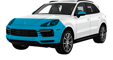 White Porsche SUV with blue-highlighted sections indicating partial paint protection film coverage on the front bumper, side mirrors, and front fenders.