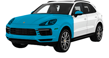 White Porsche SUV with blue-highlighted areas indicating extended paint protection film coverage on the full front end, including the hood, fenders, bumper, and side mirrors.