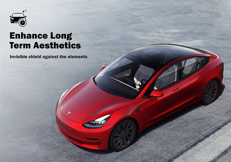 Overhead angle of a shiny red Tesla Model 3 parked on a smooth surface with text reading “Enhance Long Term Aesthetics” and “Invisible shield against the elements.”