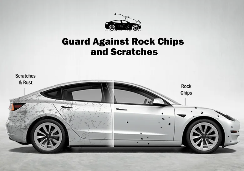 Side view of a white Tesla Model 3 showing a split comparison of paint damage. The left side is covered in scratches and rust, while the right side has minimal marks, illustrating protection against rock chips and scratches.