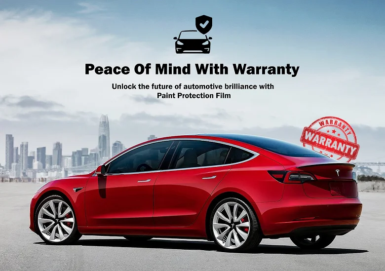 Rear-side view of a red Tesla Model 3 parked in front of a city skyline with text above promoting paint protection film warranty and a red “Warranty” badge overlay.