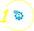 Step 1 icon featuring a yellow number 1 with a circular arrow and a blue gear containing a person with a speech bubble inside, symbolizing customer consultation or initial contact.