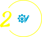 Step 2 icon with a yellow number 2 and a circular arrow surrounding a blue gear and pencil symbol, representing planning or service customization.