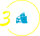 Step 3 icon with a yellow number 3 and circular arrow, showing a blue car and roll of film, symbolizing the application of tint, wrap, or protective film.