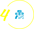 Step 4 icon with a yellow number 4 and circular arrow, showing a blue gauge with user satisfaction emojis and a chart, representing performance review or customer feedback.