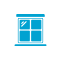 Blue icon of a window with four panes and a small glare reflection in the top left pane, set within a white circle.