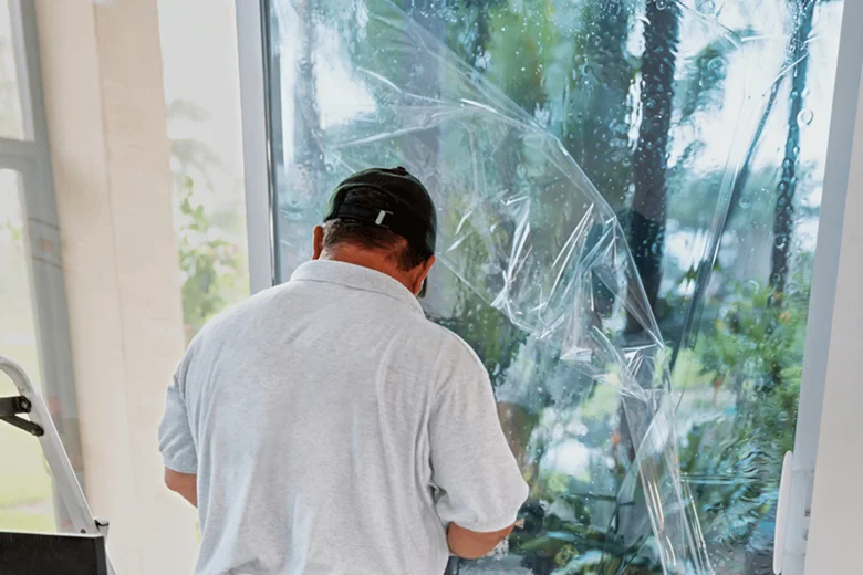 Man in a light gray shirt and black cap installing a large piece of window tint film on a glass door, with a tropical garden visible through the wet glass.