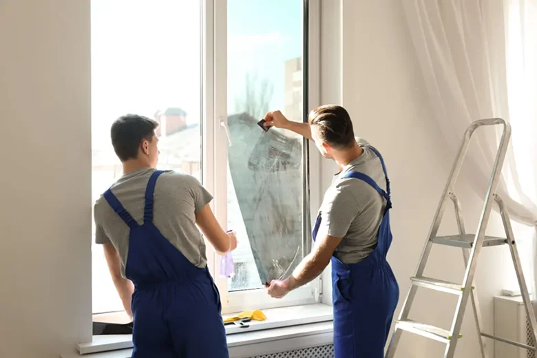 Two workers in matching grey shirts and blue overalls install a tinted film onto a large residential window, with tools and a step ladder nearby.