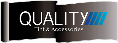 Logo for QUALITY Tint & Accessories featuring bold white text on a wavy black and gray banner with three angled blue stripes accenting the word "QUALITY."