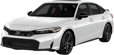 White Honda Civic sedan with black wheels and tinted windows, viewed from the front passenger side at a slight angle.