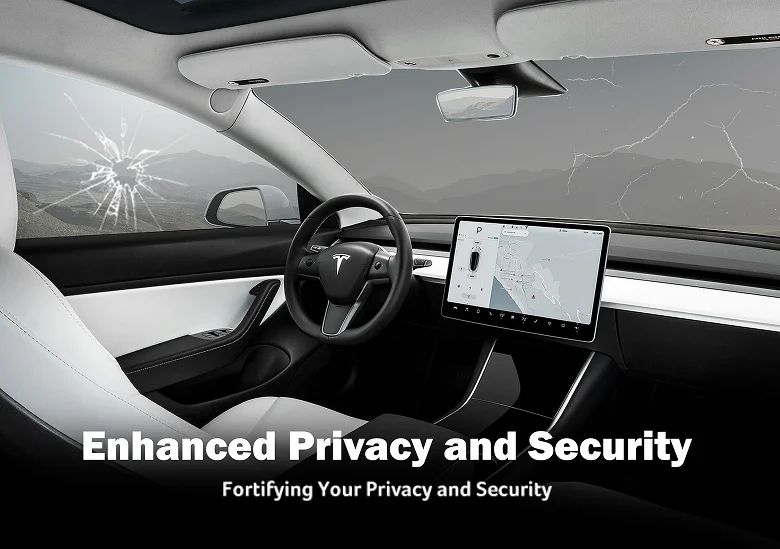 Interior view of a Tesla with a sleek white and black dashboard, large central touchscreen, and a cracked side window, with the text "Enhanced Privacy and Security – Fortifying Your Privacy and Security" overlaid.
