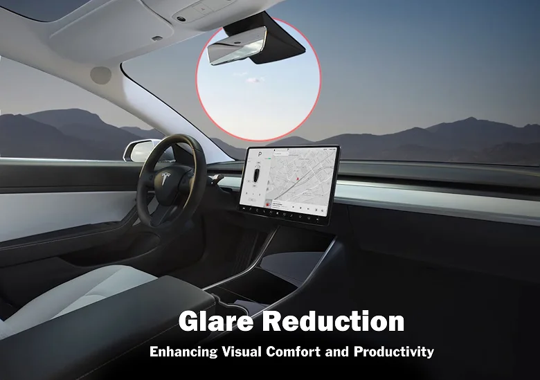Interior of a Tesla with the sun visible through the windshield, highlighting glare reduction benefits. A red circle emphasizes the glare on the rearview mirror. Text reads "Glare Reduction – Enhancing Visual Comfort and Productivity."