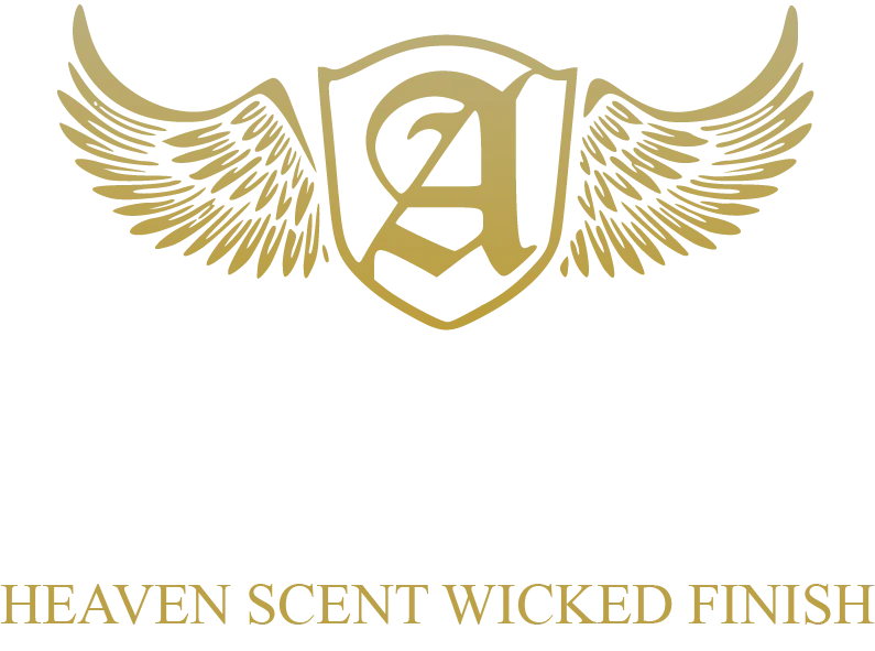 Angelwax logo featuring a gold shield with a stylized "A" and wings on either side, accompanied by the tagline "Heaven Scent Wicked Finish" in gold text beneath the bold white "Angelwax" name.