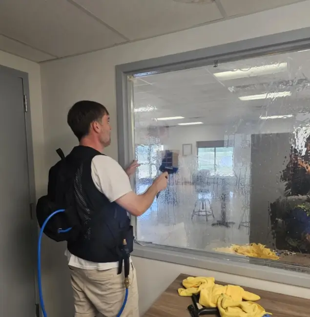 A technician wearing a black utility vest uses a squeegee to apply window tint film to a large interior glass panel in a commercial space, with yellow cloths and tools on the table nearby.