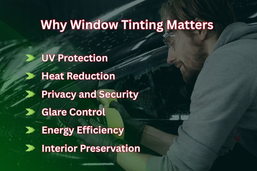 A man applies window tint film to a car window with overlay text listing six benefits, including UV protection, heat reduction, privacy and security, glare control, energy efficiency, and interior preservation. This visual highlights why window tinting matters in Gulfport’s hot and humid climate.