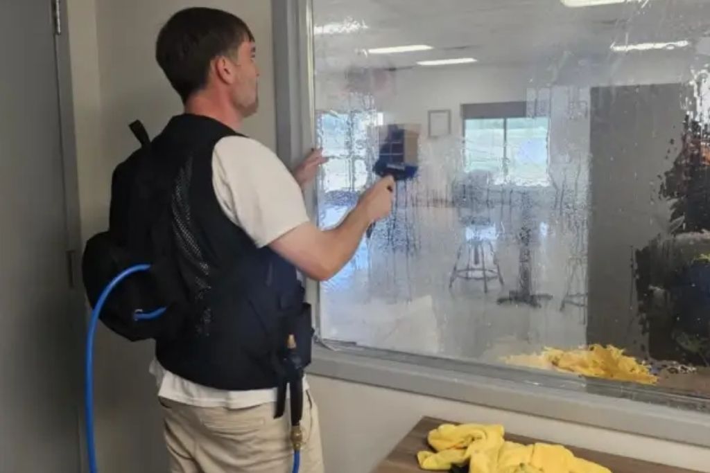 Professional installer from Quality Tint & Accessories applying window film to a large interior glass panel using a squeegee.