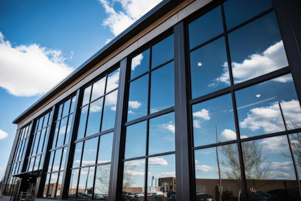 Modern commercial building with reflective tinted windows installed by Quality Tint & Accessories.