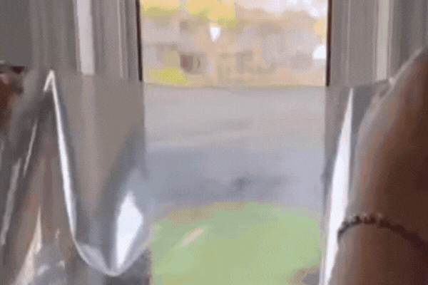 Hands apply a sheet of residential window tinting film to a large window, partially transforming a clear outdoor view into a shaded one. The film visibly reduces glare and sunlight as it's pressed onto the glass, demonstrating its effect in real-time.