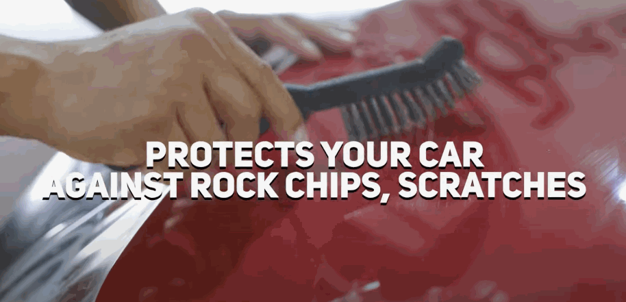 A person uses a wire brush on a red car surface while text appears reading “Protects your car against rock chips, scratches,” followed by a close-up of paint protection film being applied.