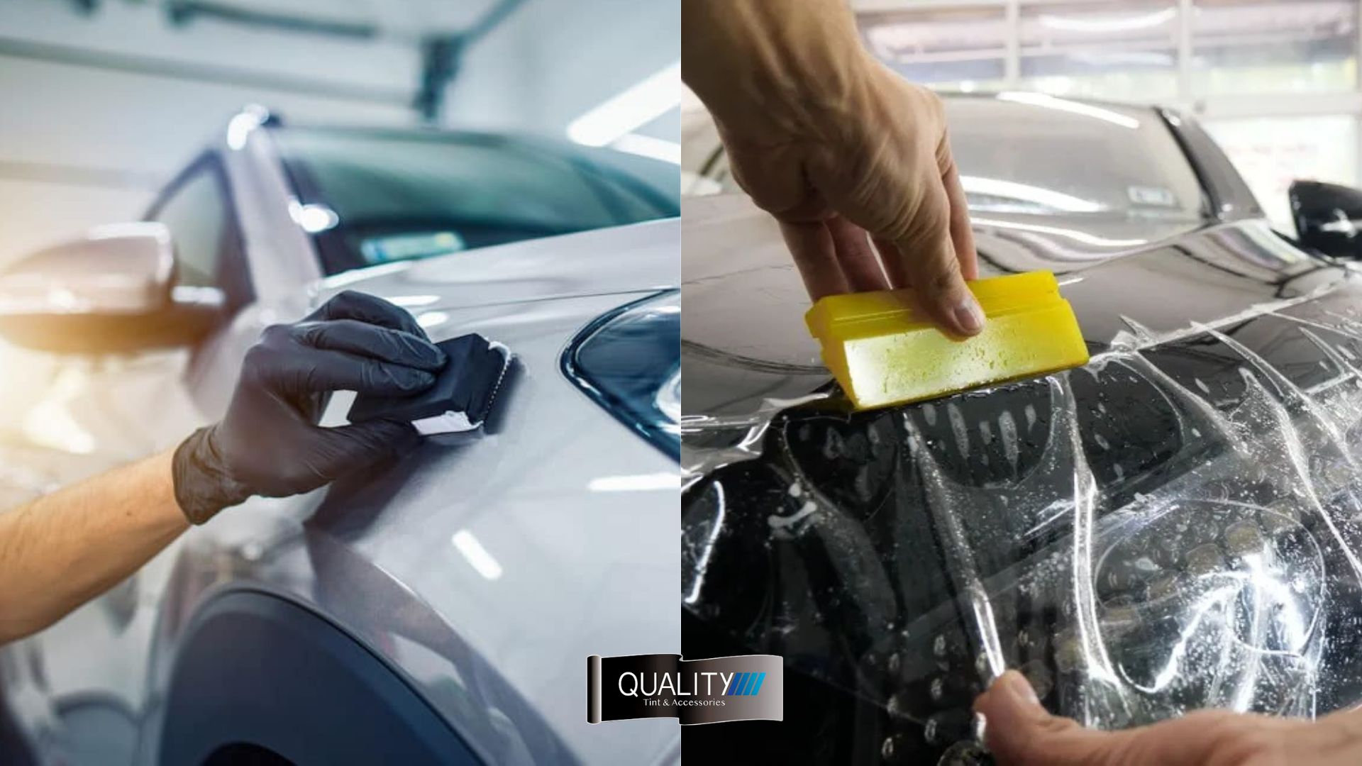 Side-by-side view of car detailing showing ceramic coating being applied to a silver car on the left and paint protection film being installed on a black car on the right.