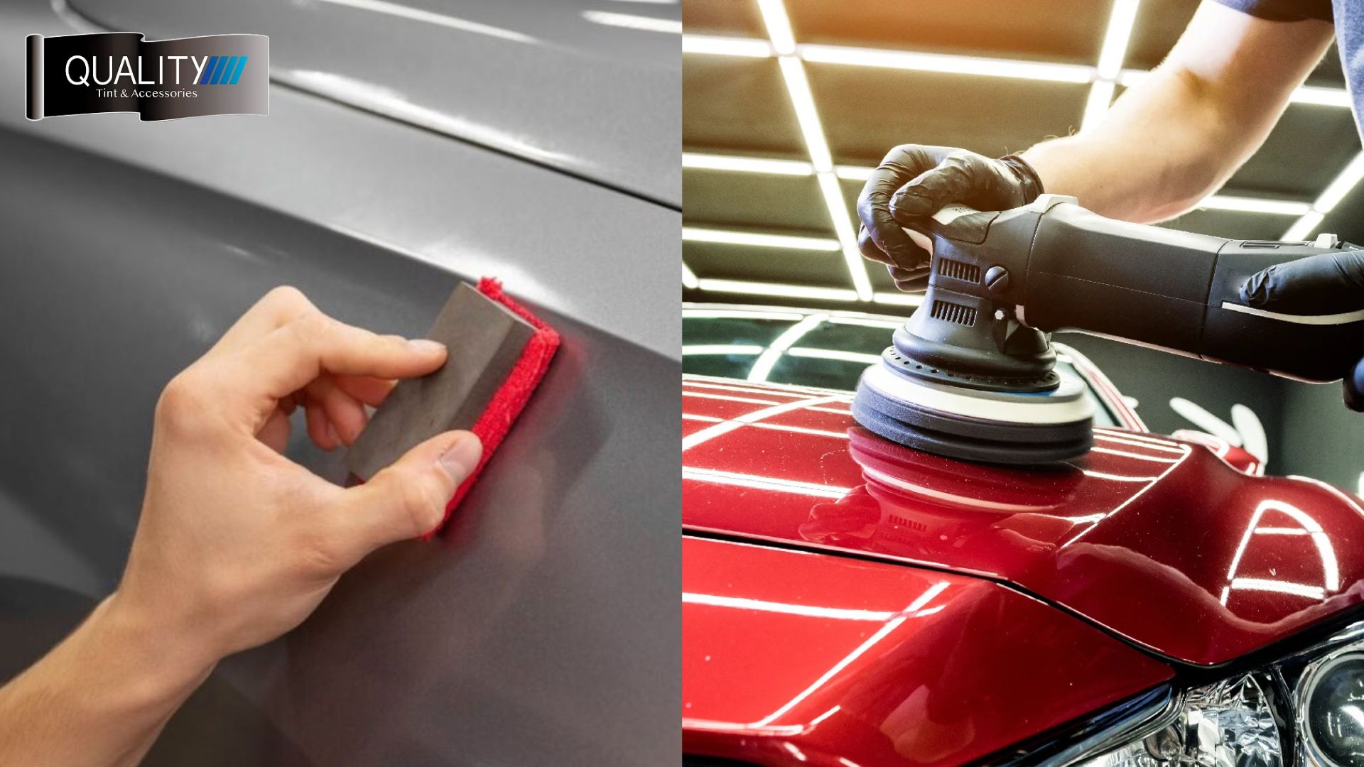 Side-by-side image showing a hand using a red clay bar on a grey car surface on the left, and a gloved hand polishing a red car with a machine buffer on the right under bright overhead lighting.